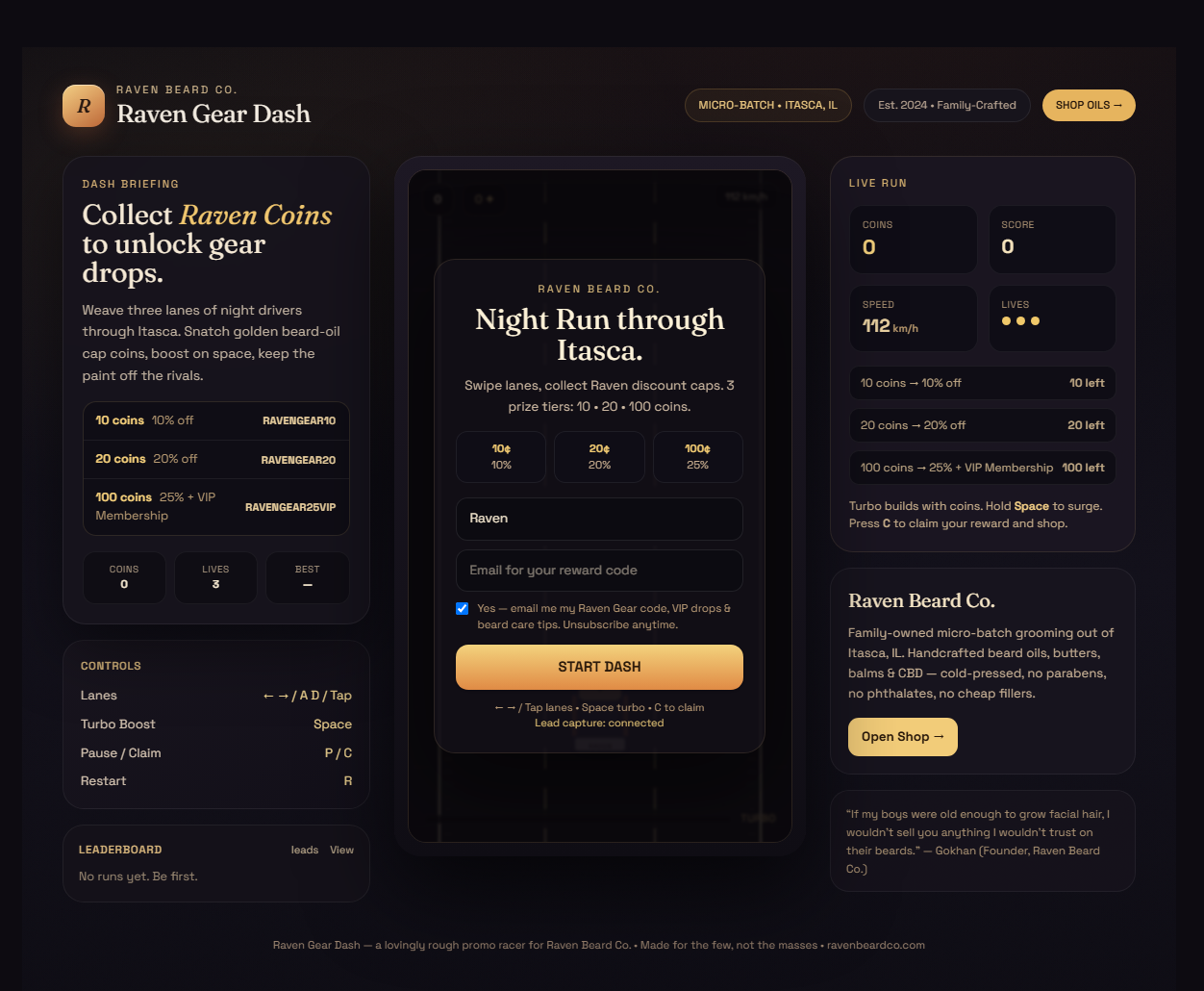 Raven Gear Dash website and lead-generation game